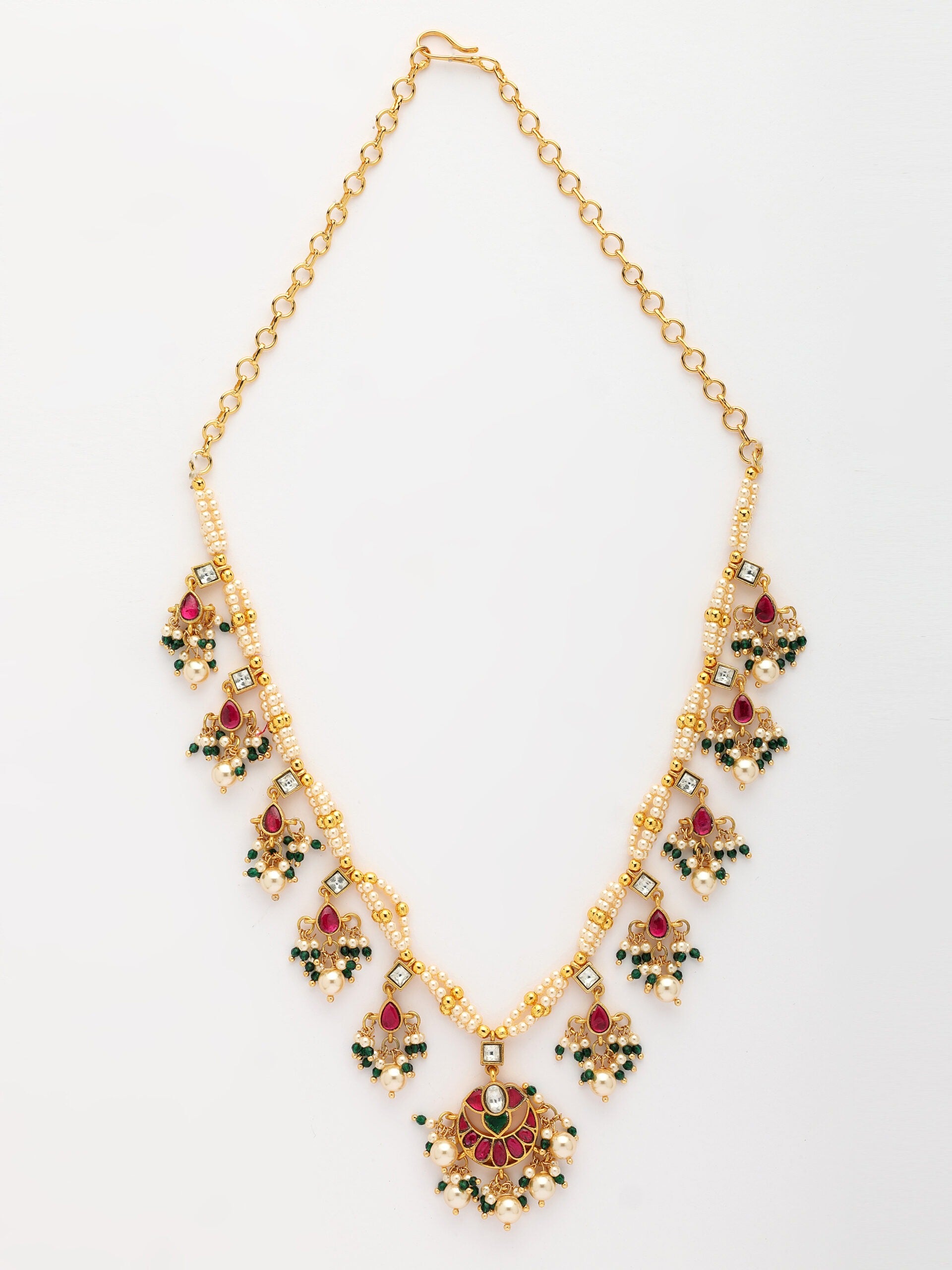 Luxury Jadau Kundan Necklace Adorned With Moissanite, Emerald & Pearls