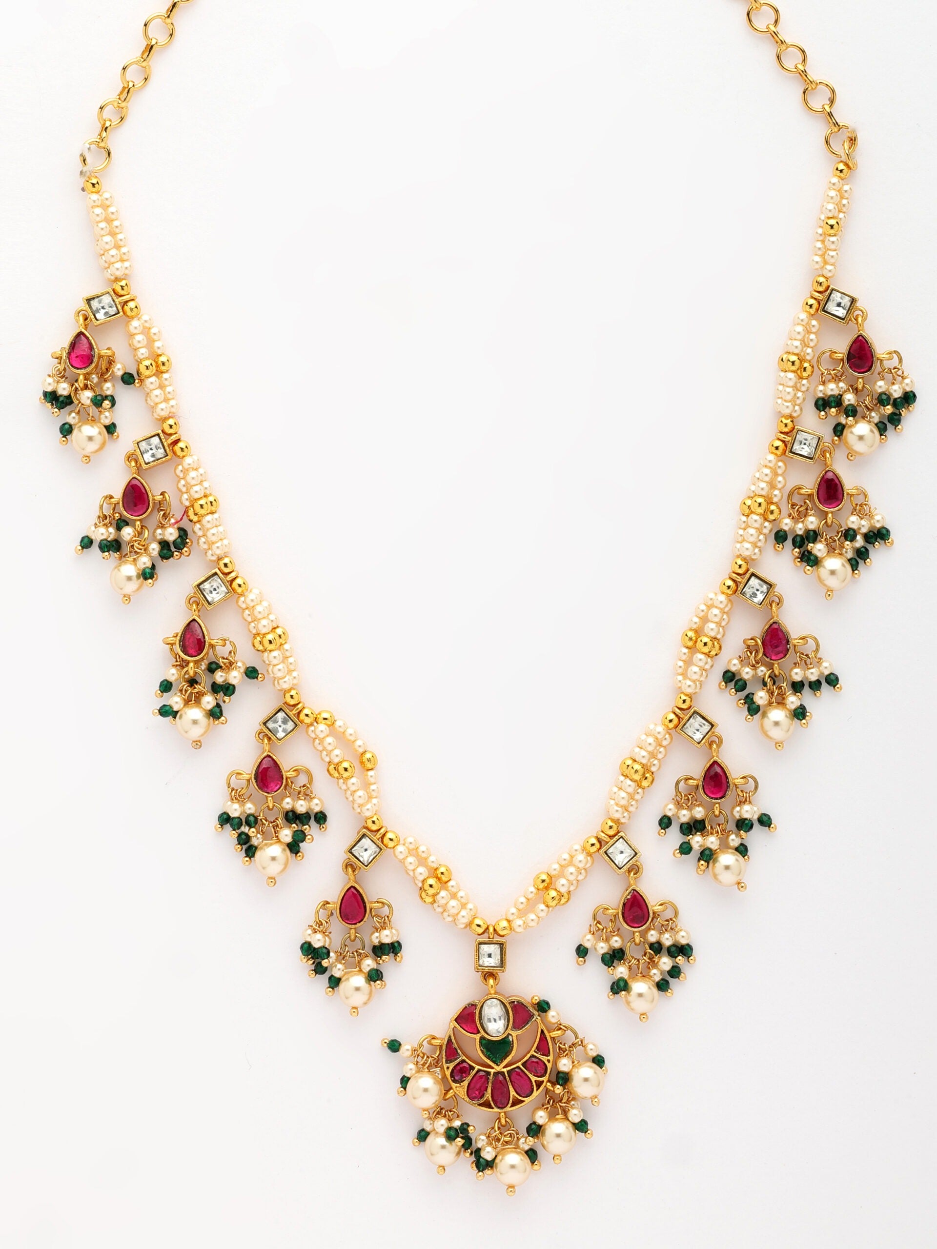 Luxury Jadau Kundan Necklace Adorned With Moissanite, Emerald & Pearls