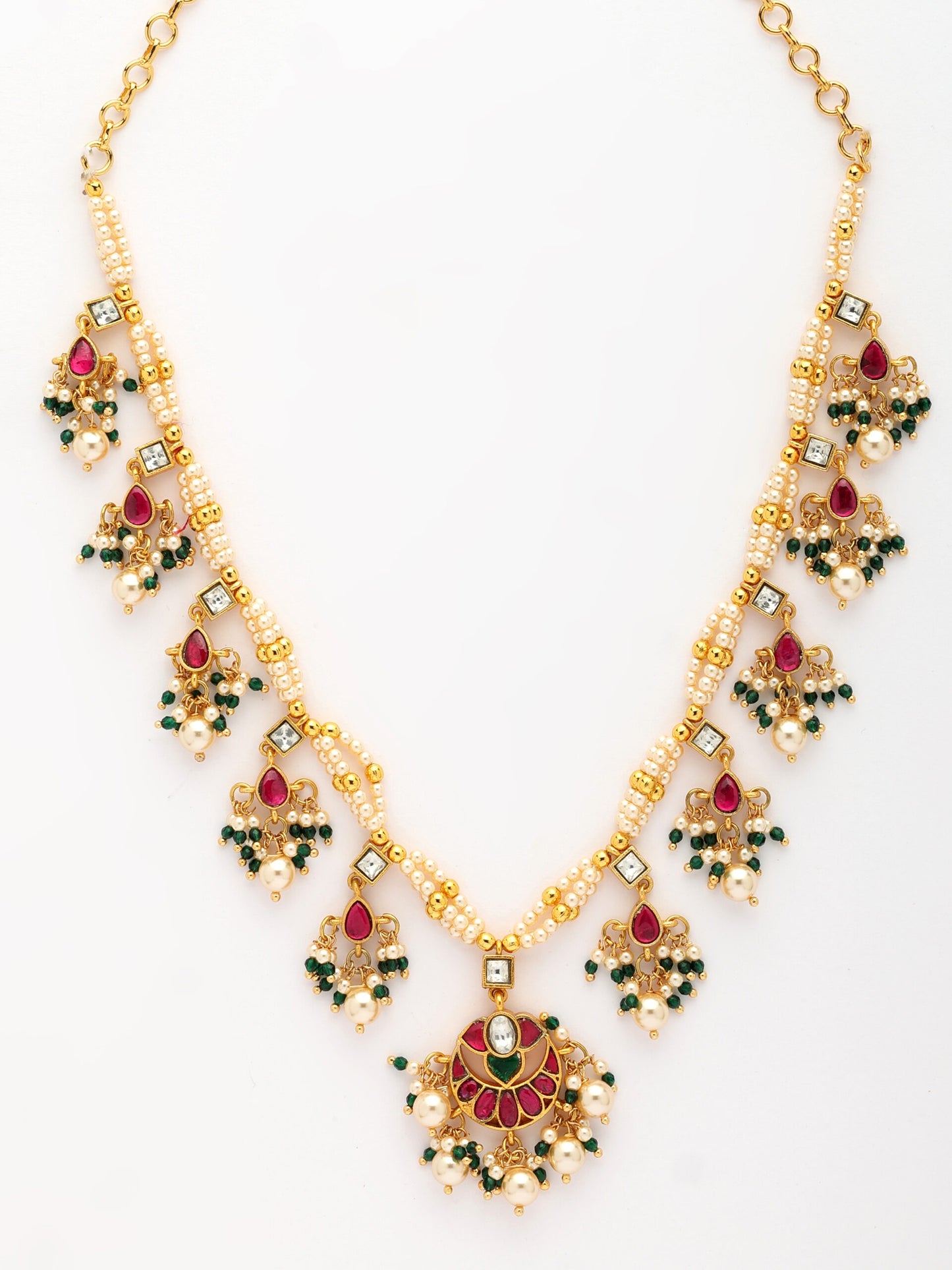 Luxury Jadau Kundan Necklace Adorned With Moissanite, Emerald & Pearls