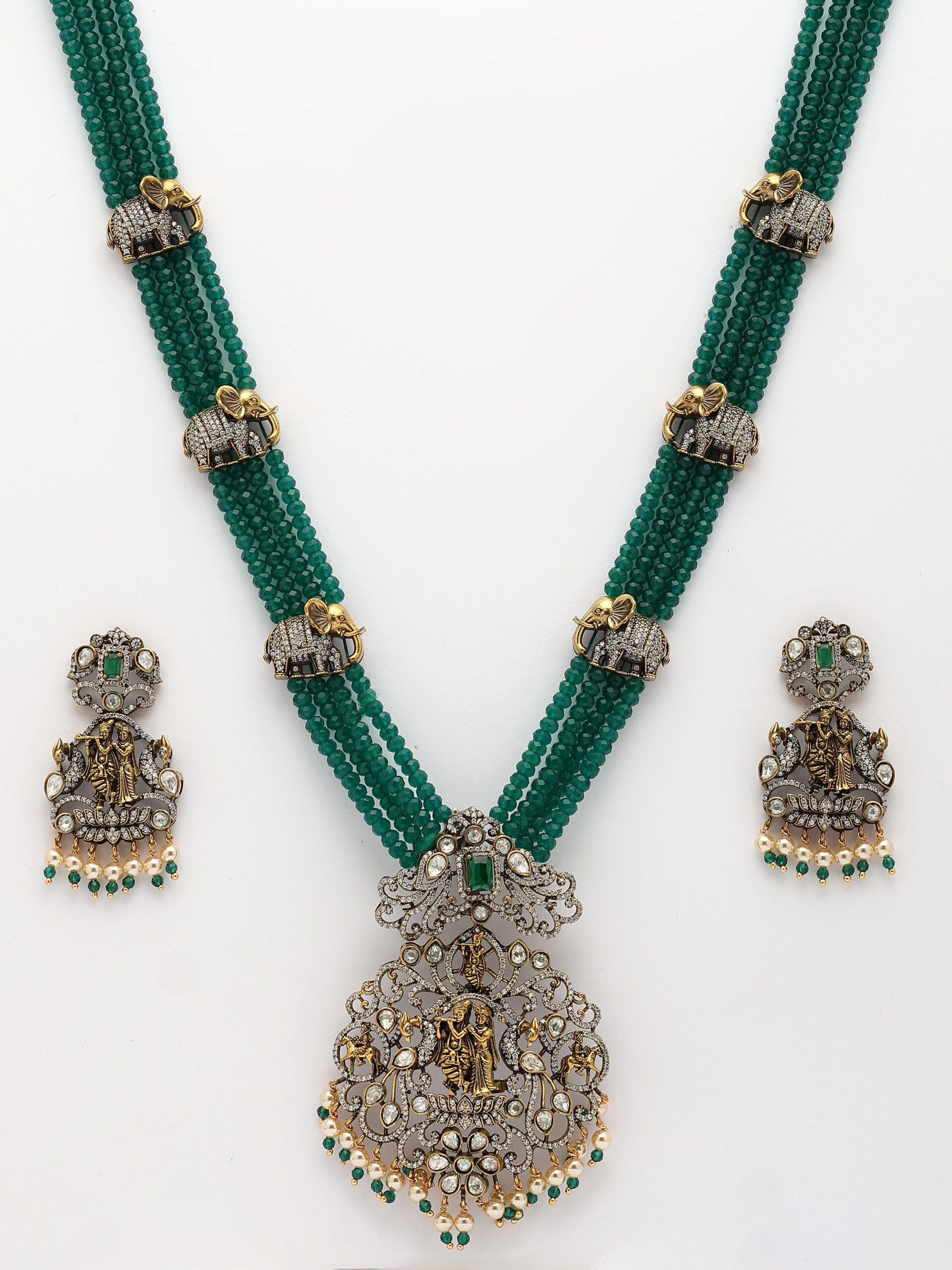 Luxury Moissanite Haaram Adorned With Emerald Beads and Premium Pearls