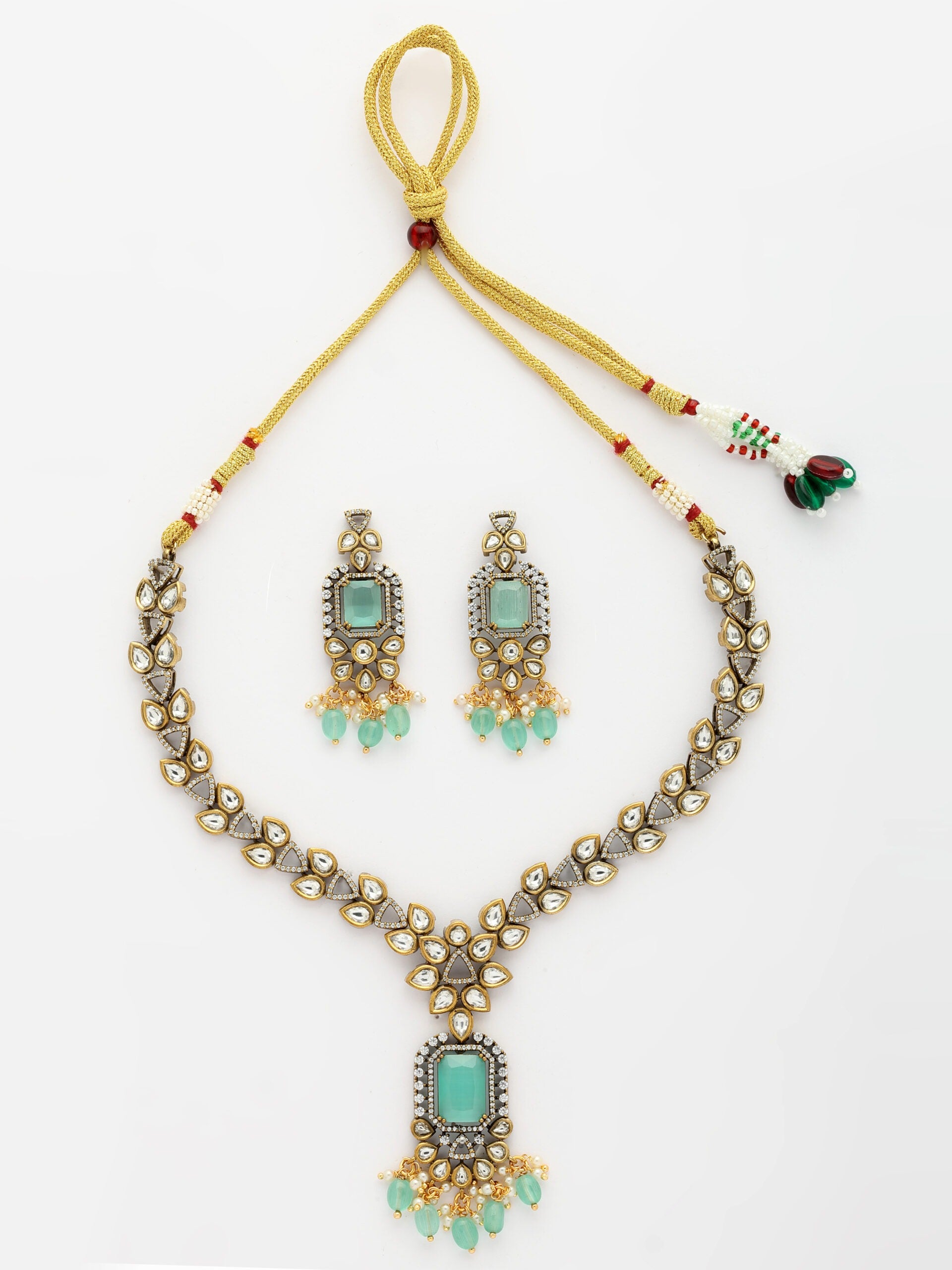 Luxurious Necklace Set With Moissanite, Emerald, Zircon & Emerald-Pearl Beads