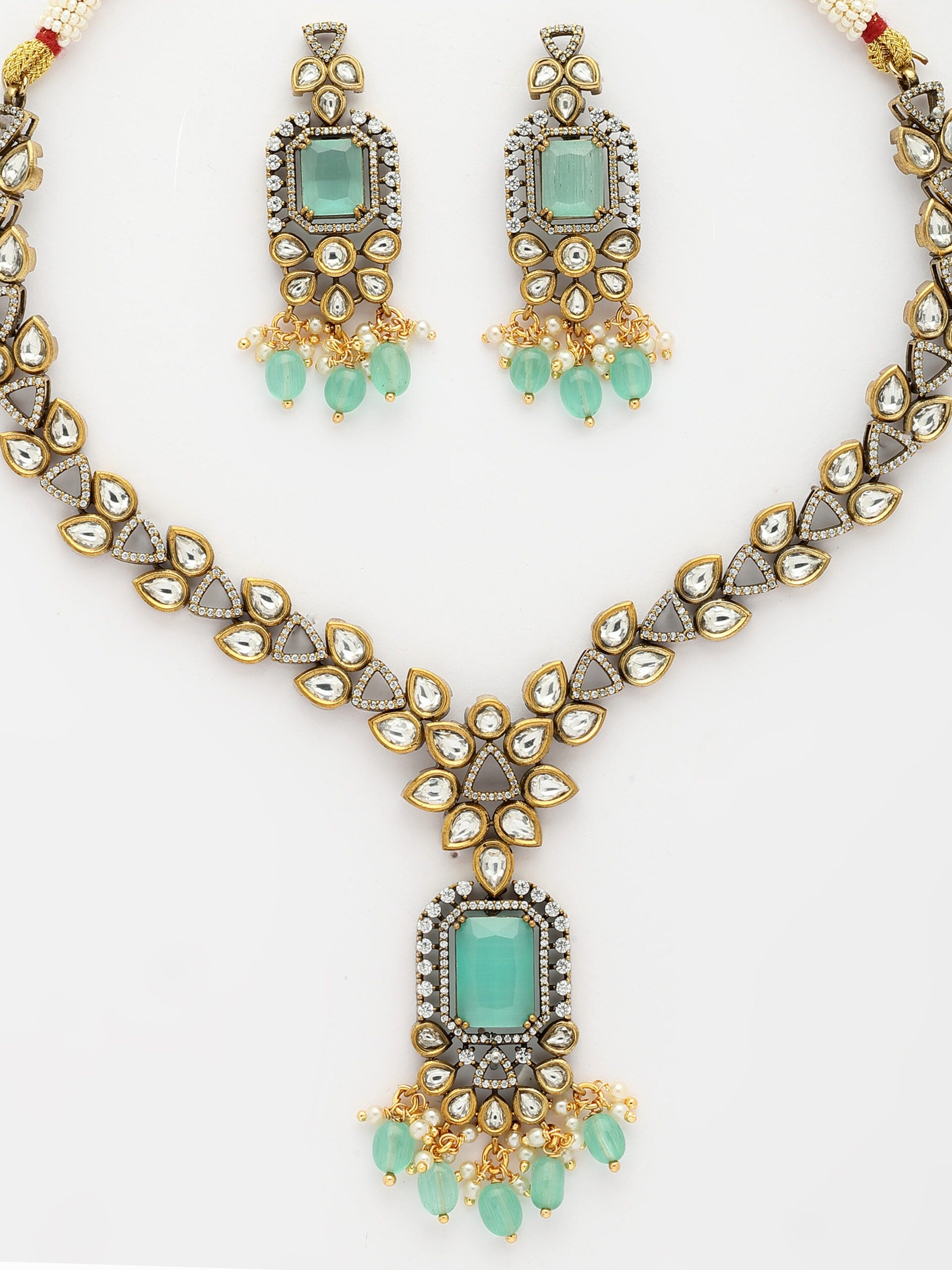 Luxurious Necklace Set With Moissanite, Emerald, Zircon & Emerald-Pearl Beads