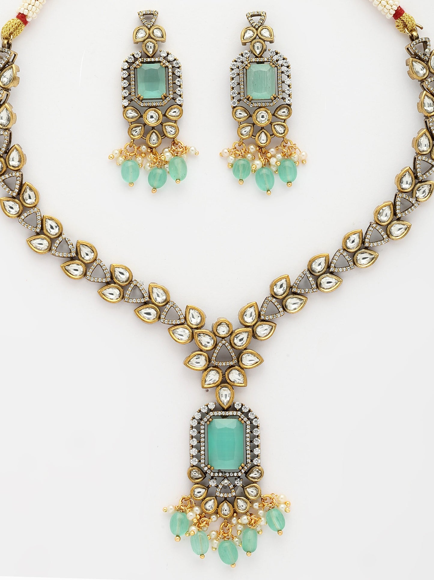 Luxurious Necklace Set With Moissanite, Emerald, Zircon & Emerald-Pearl Beads
