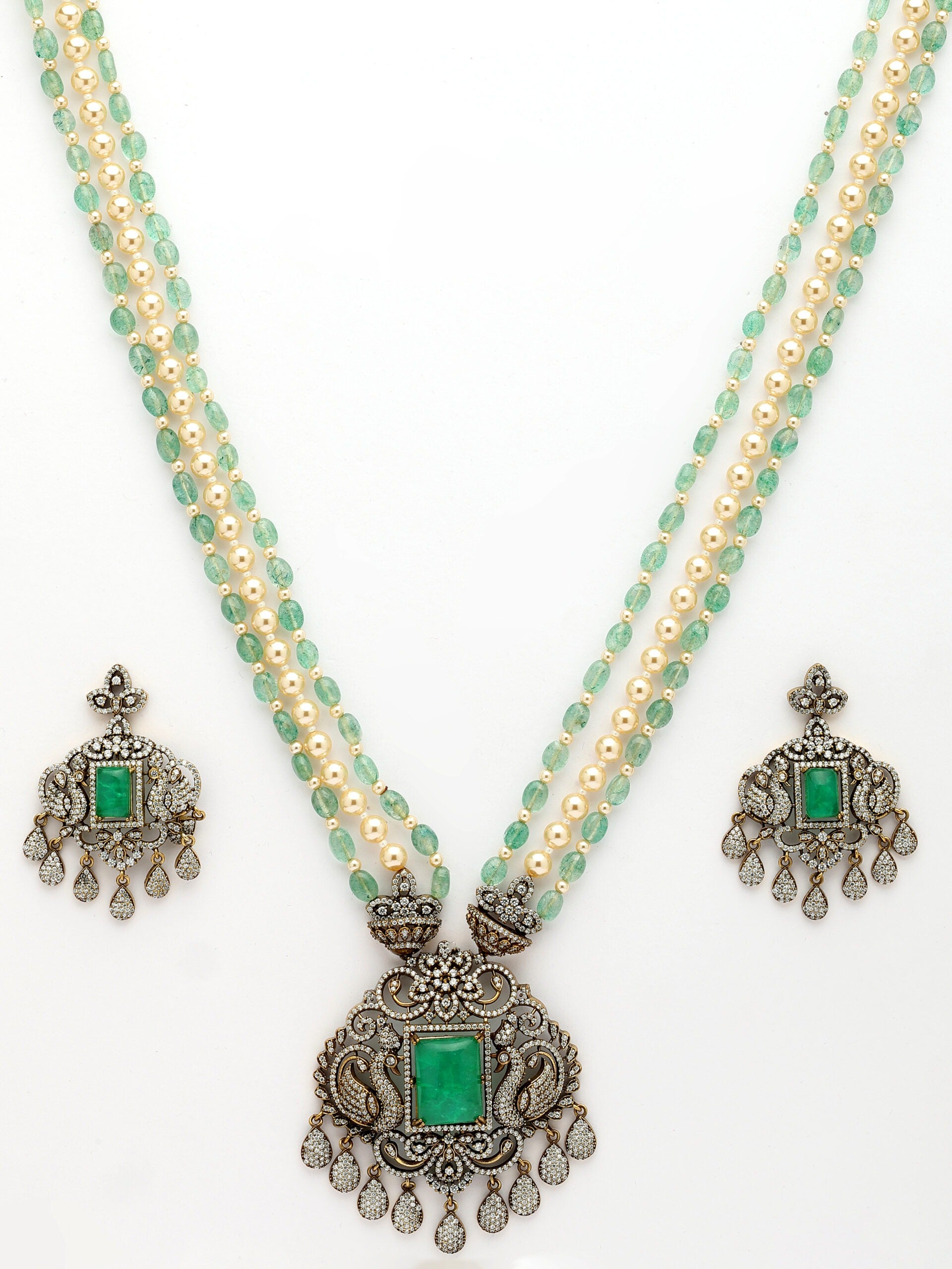 Opulent Layered Haaram with Moissanite, Emerald, Zircon & Pearl Accents