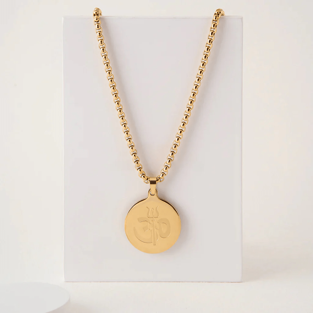 Men’s 24-Inch Gold Om Trishul Pendant Rope Chain Necklace