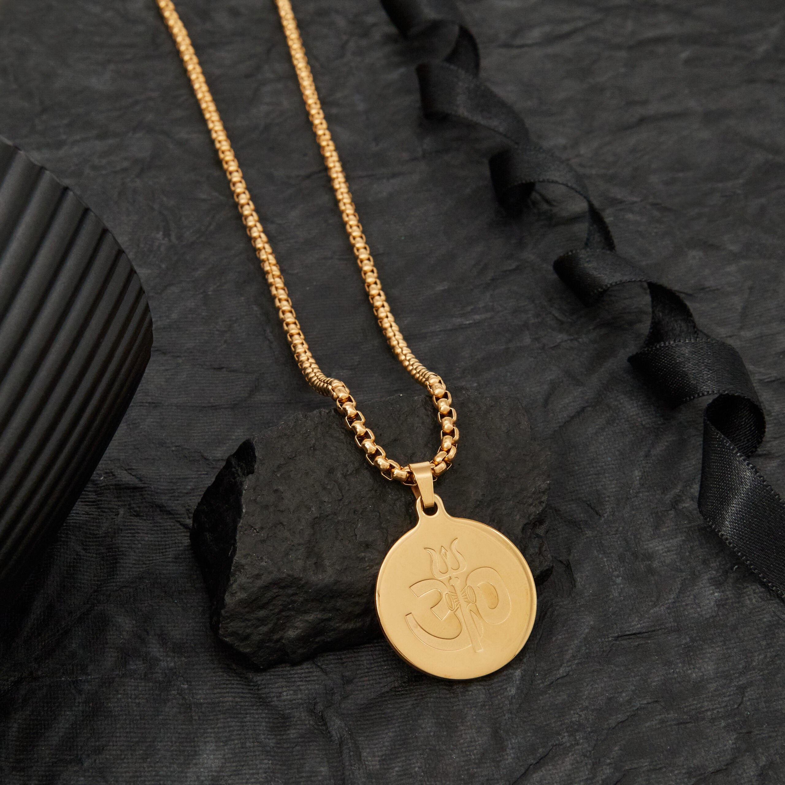 Men’s 24-Inch Gold Om Trishul Pendant Rope Chain Necklace