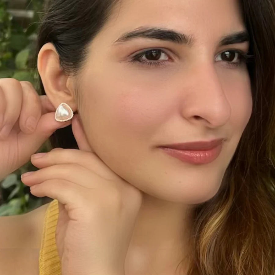Triangle Shaped Diamond Pearl Earrings For Women