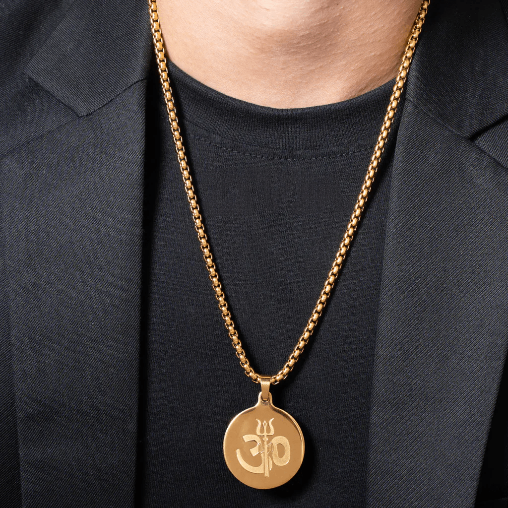 Men’s 24-Inch Gold Om Trishul Pendant Rope Chain Necklace