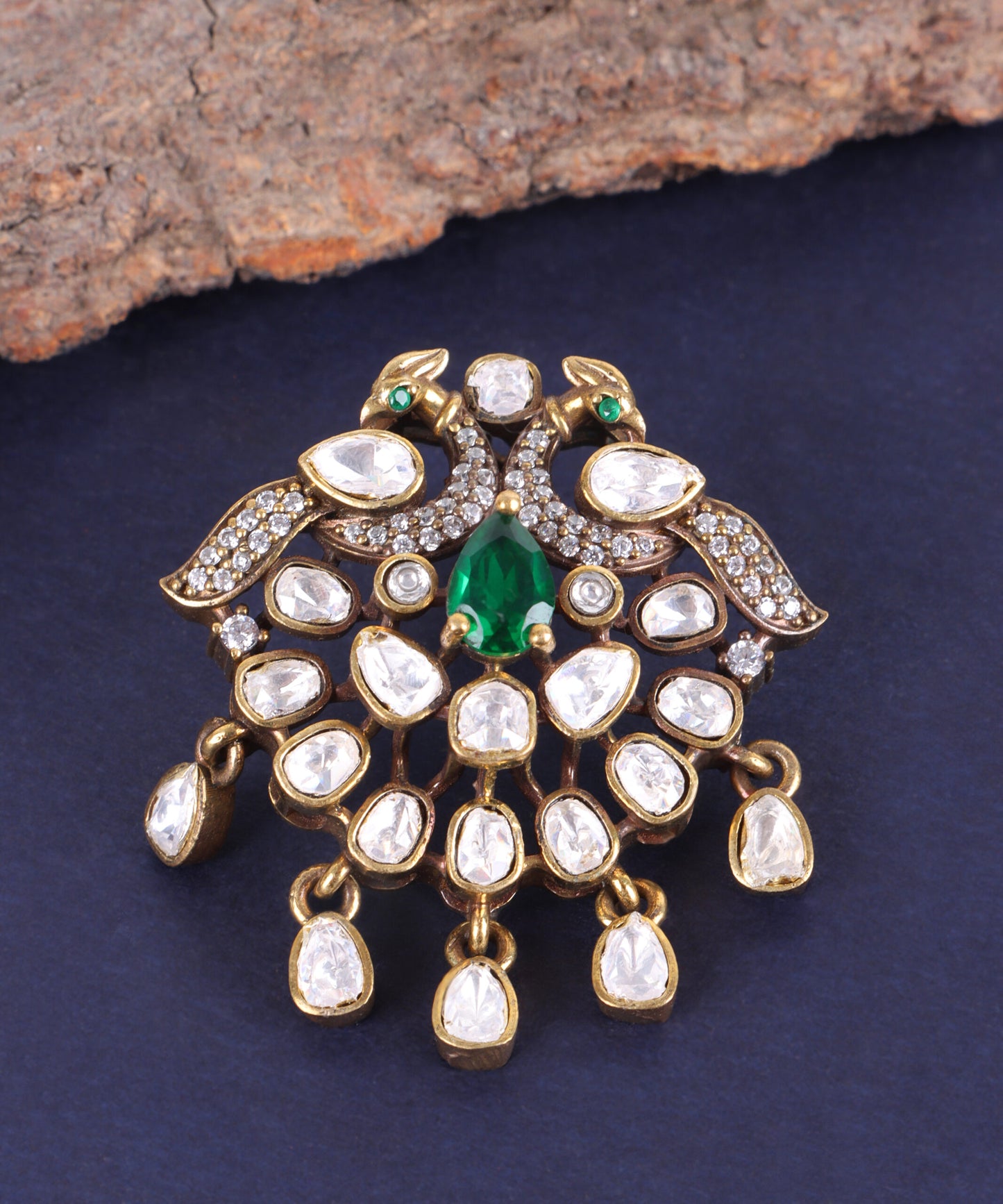 Emerald, Zircon & Moissanite Gold-Polish Jewelry Pendant