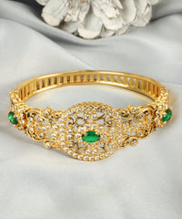 Luxurious Gold-Finish Kada with Emerald and Zircon Stones