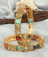 Classic High Gold Polish Bangles Adorned with Multicolor Lab Zircons