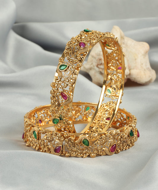 Premium Lab-Grown Ruby and Emerald Stone Bangles – High Gold Finish
