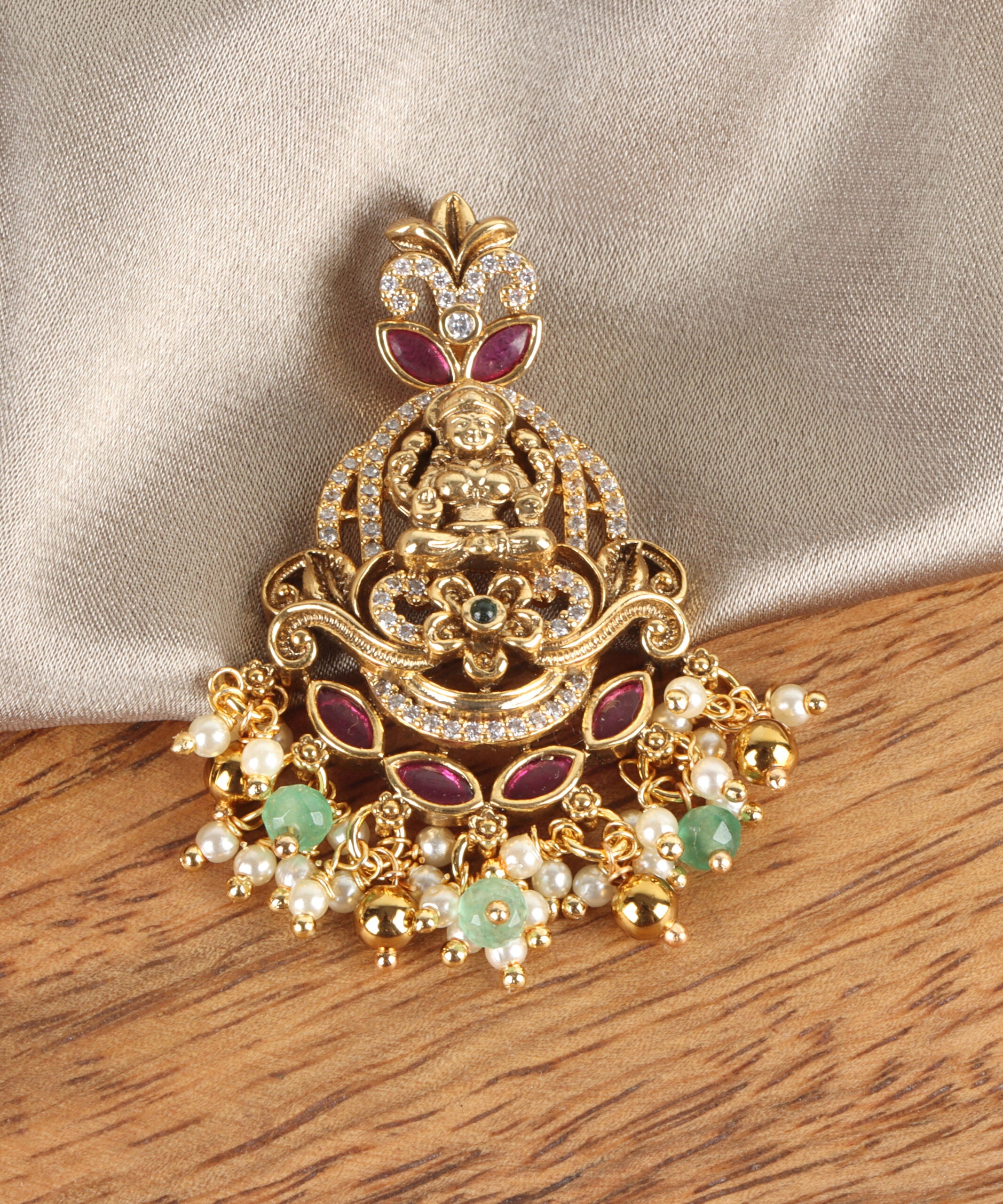 Elegant Goddess Lakshmi Pendant with Ruby, Emerald & Zircon