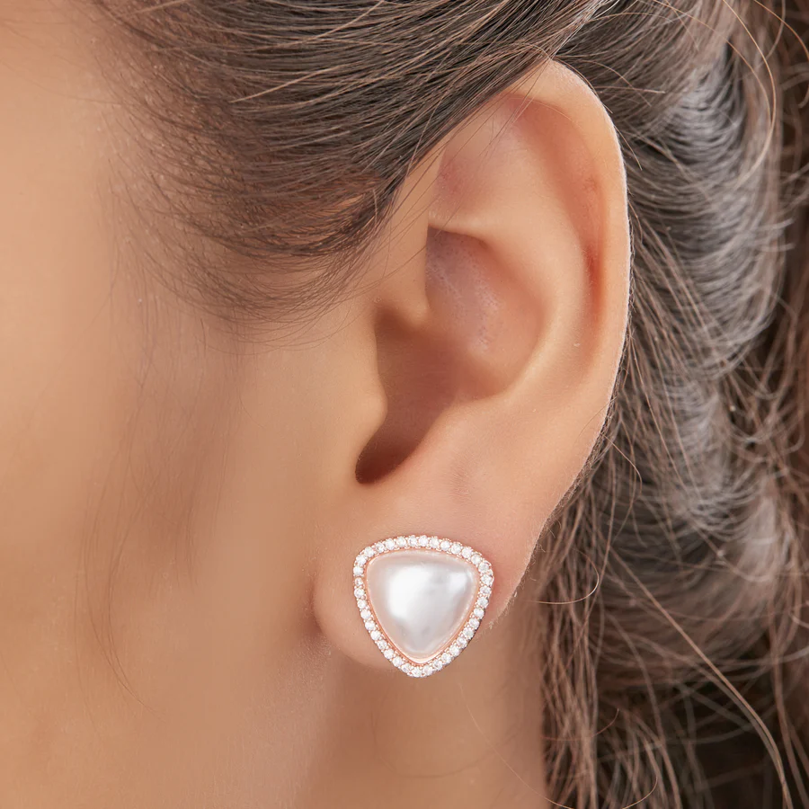 Triangle Shaped Diamond Pearl Earrings For Women