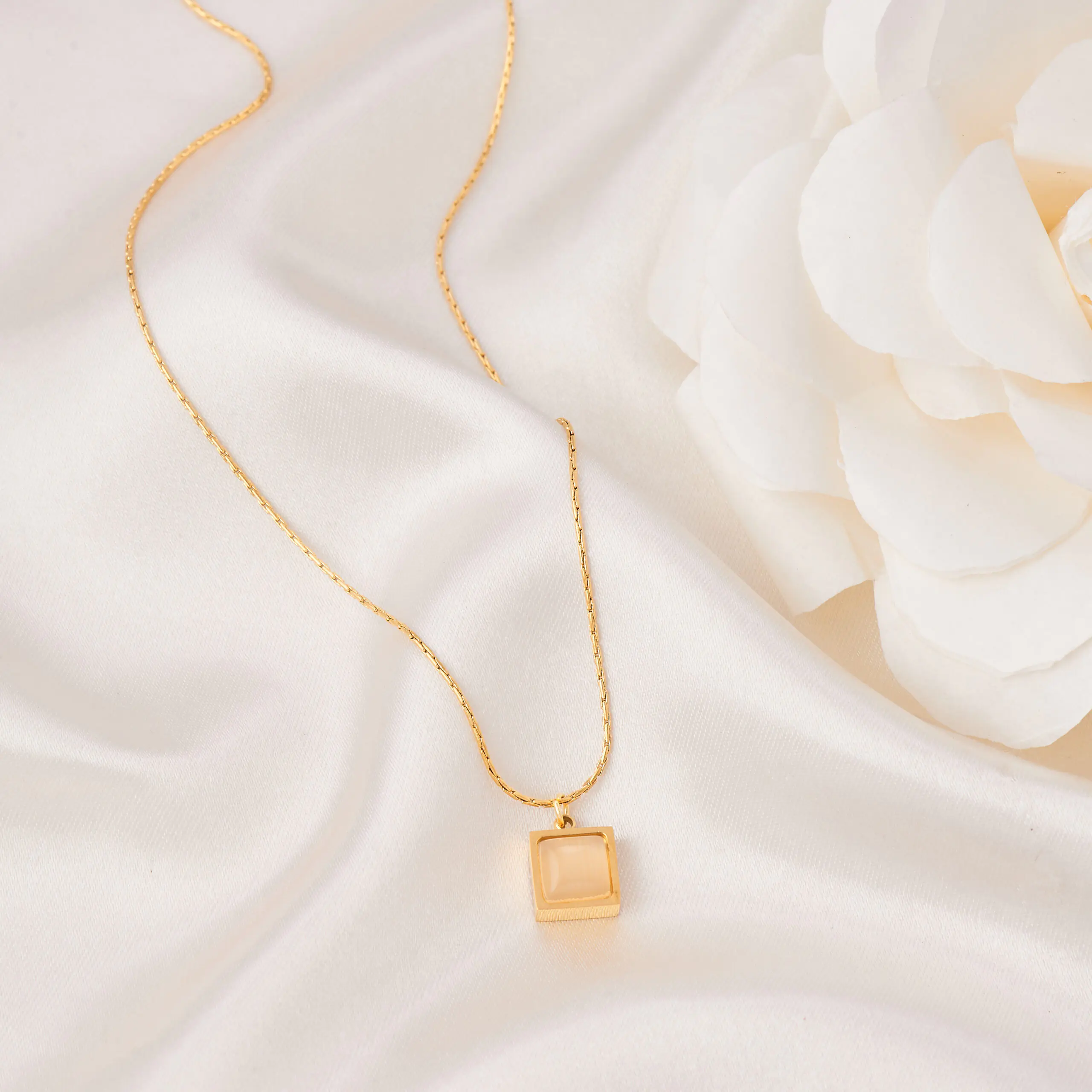 Golden Square Stone Pendant Necklace for Women
