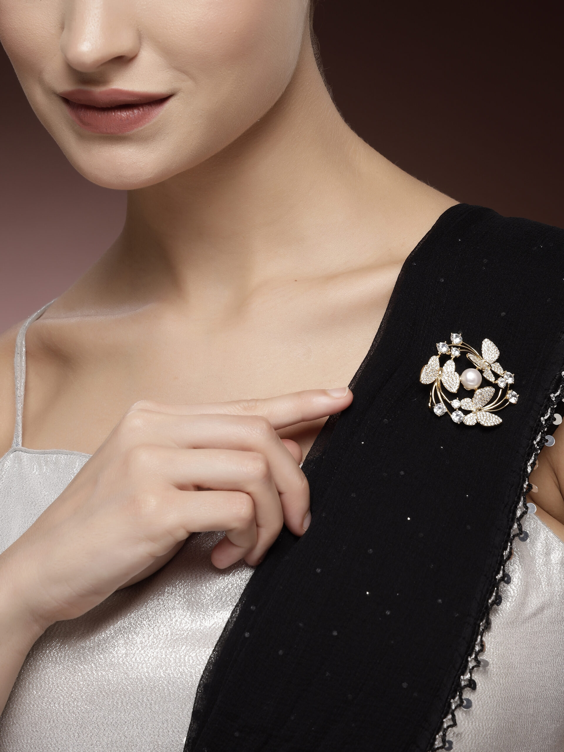 Elegant Zircon & Real Pearl Brooch