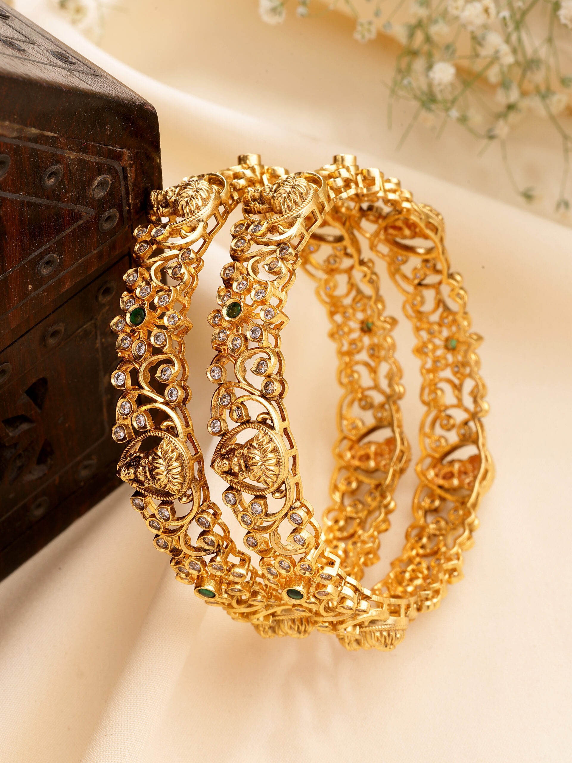 Emerald & Zircon Bangle With High Gold Polish