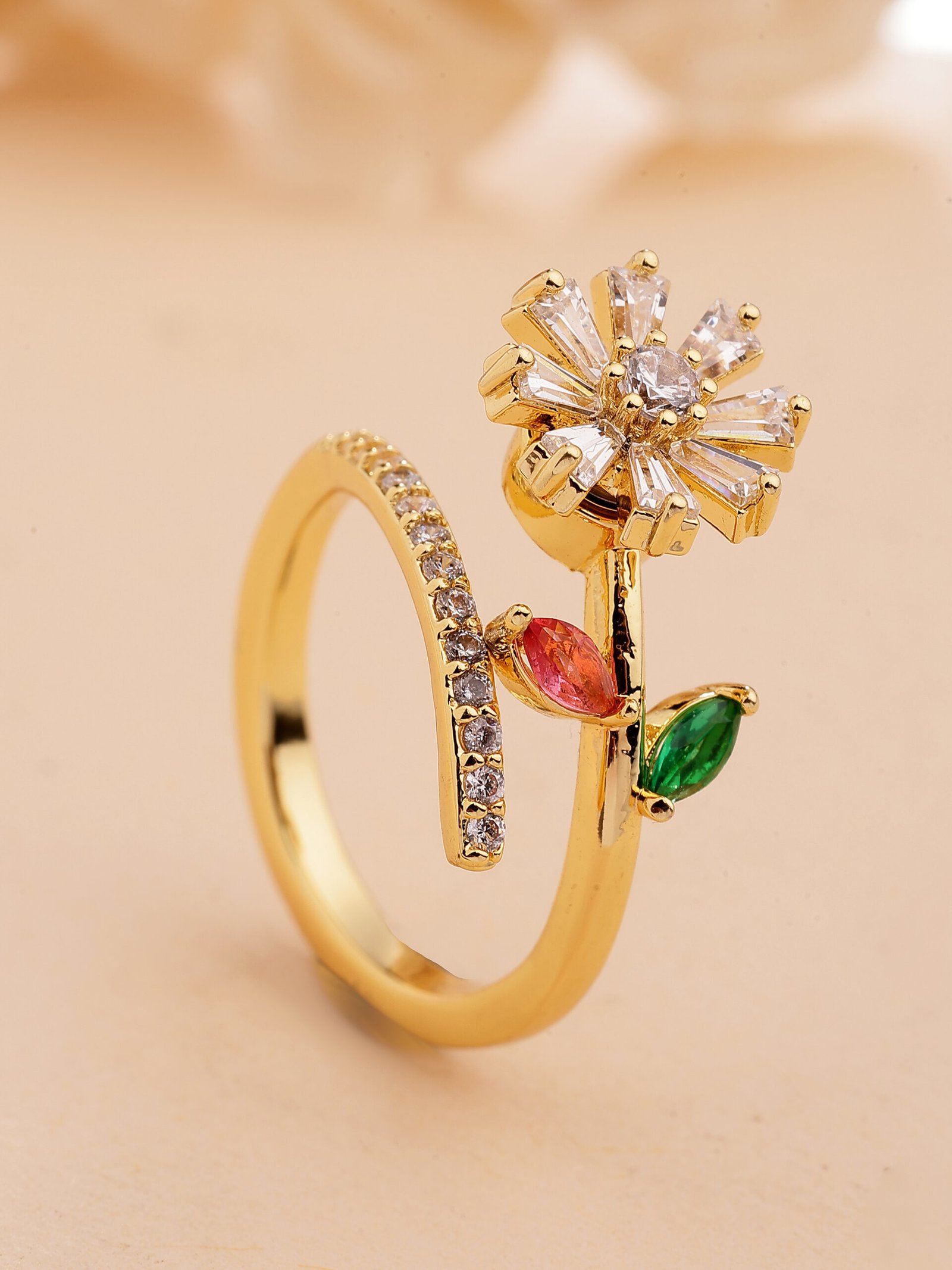Elegant Zircon Ring With Emerald & Ruby in Swirl Design