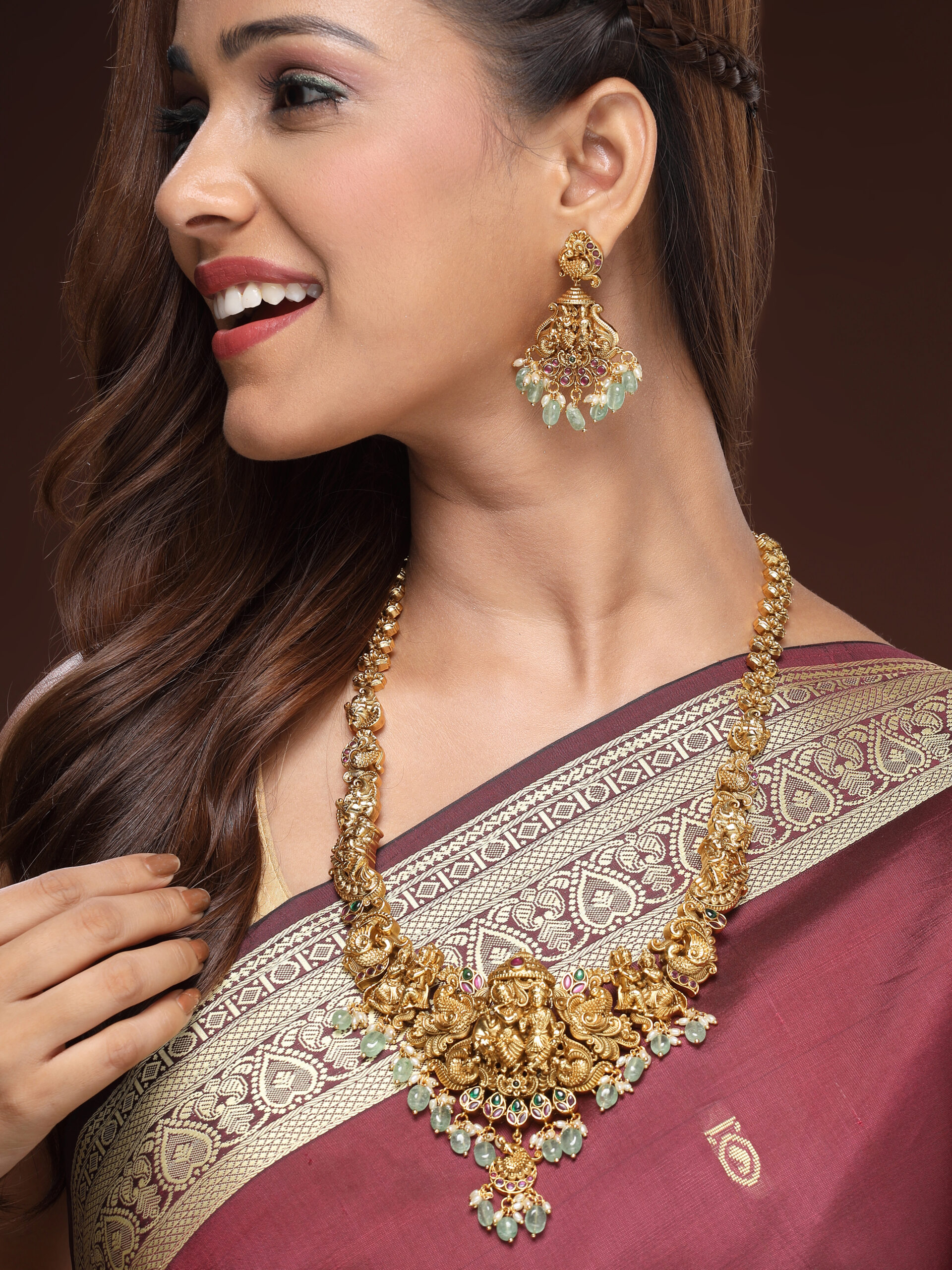 Divine Radha-Krishna Necklace with Gemstone Nakshi Design