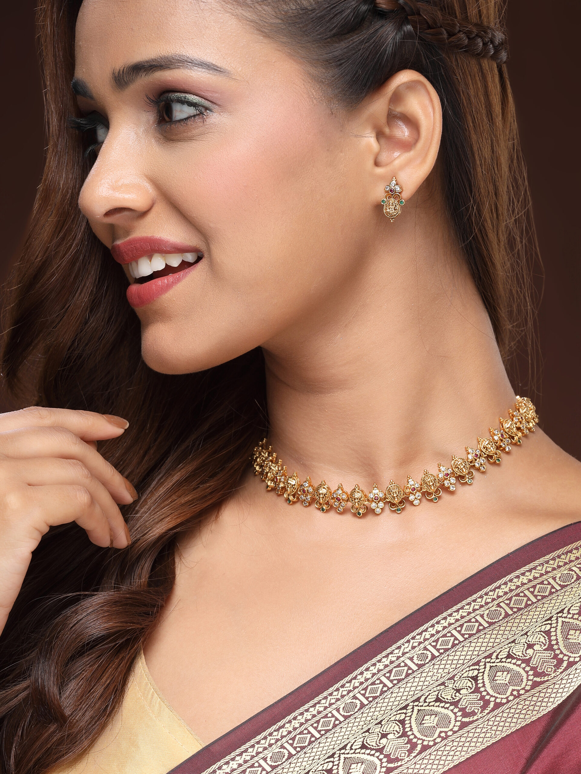 Elegant Nakshi Necklace Featuring Ruby, Emerald & Zircon