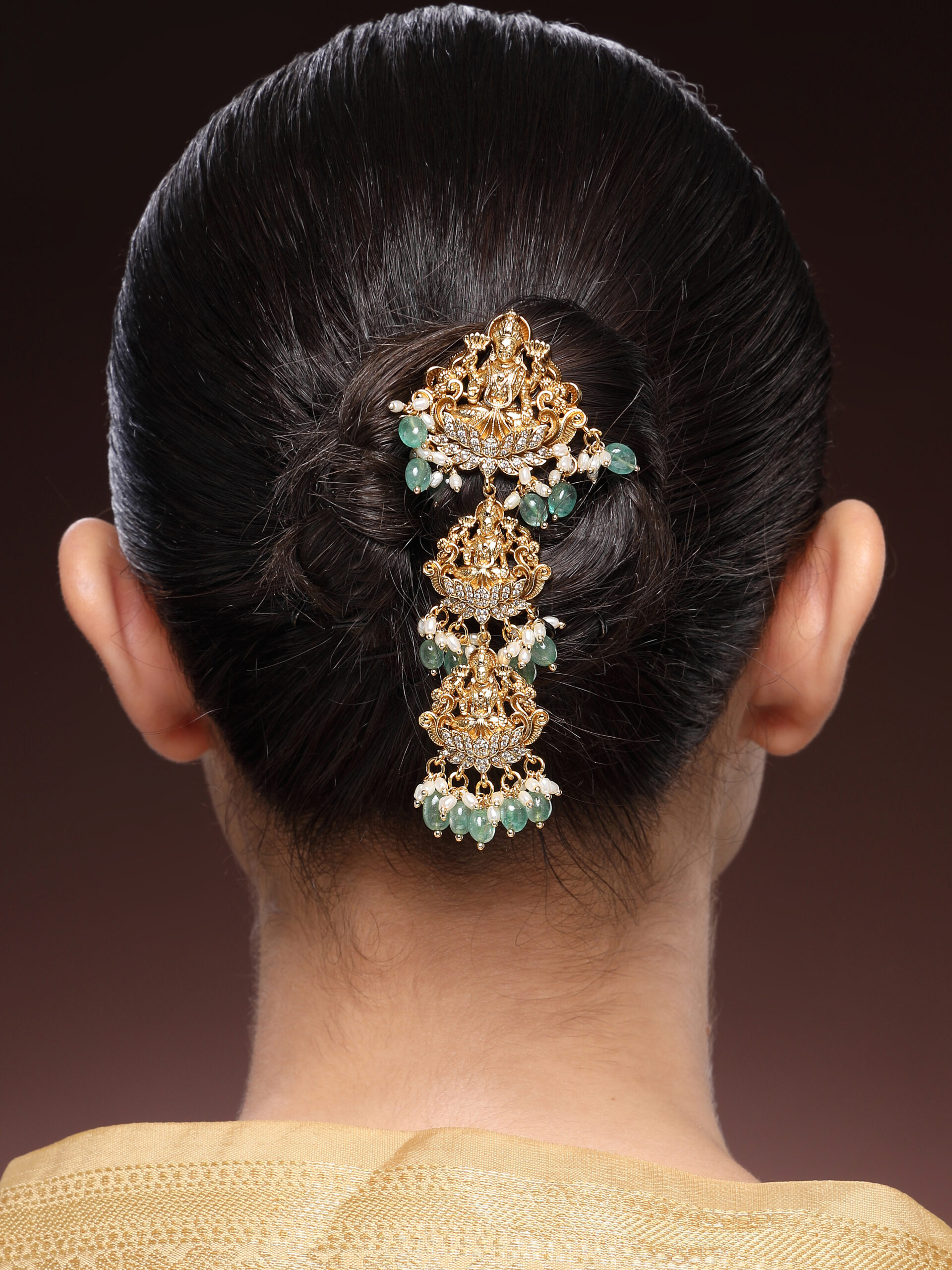 Elegant Hair Brooch With Zircon, Emerald Beads & Premium Pearls