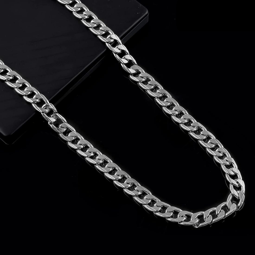 Silver Plated Stainless Steel Curb Chain For Men (21.5 Inch)